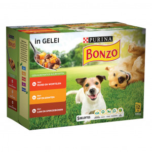 Purina Bonzo met rund, kip, lam in gelei maaltijdzakjes natvoer hond 8 dozen (96 x 85 g)