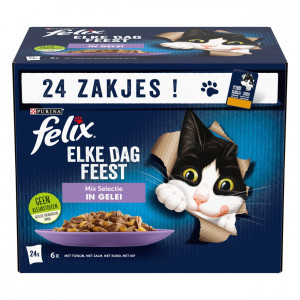 Felix Elke Dag Feest Mix Selectie met tonijn, zalm, rund, kip in gelei natvoer kat 4 x (96 x 85g)