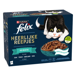 Felix Heerlijke Reepjes Vis Selectie met zalm, tonijn, kabeljauw, schol in saus natvoer kat 4 x (12 x 80 g)