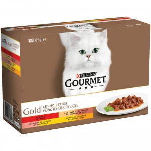 Gourmet Gold Fijne Hapjes in saus met rund, kalkoen en eend, zalm en kip, kip en lever (85g) 8 dozen (96 x 85 g)