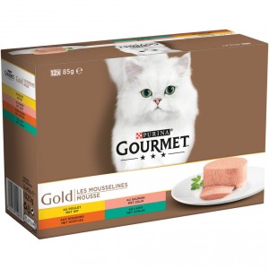Gourmet Gold Mousse met kip, zalm, niertjes, konijn natvoer kat (12-pack) 4 dozen (48 x 85 g)