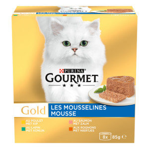 Gourmet Gold Mousse met kip/zalm/niertjes/konijn kattenvoer 8-pack 48 x 85 g