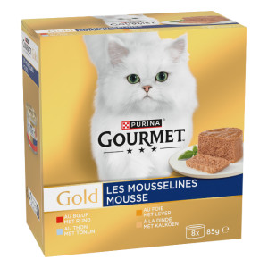 Gourmet Gold Mousse met tonijn, lever, kalkoen, rund natvoer kat (85 g) 48 x 85 g