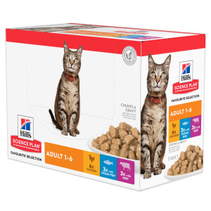 Hill's Adult Favourite Selection nat kattenvoer met kip, rund & zeevis maaltijdzakje combipack 1 doos (12 x 85 g)
