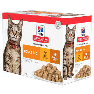 Hill's Adult Poultry Selection nat kattenvoer met kip en kalkoen maaltijdzakje combipack 2 dozen (24 x 85 g)