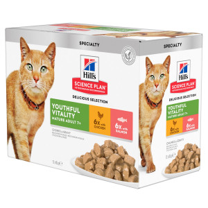 Hill's Mature Adult Senior Vitality nat kattenvoer met kip en zalm maaltijdzakje combipack 2 dozen (24 x 85 g)