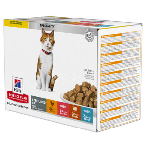Hill's Adult Sterilised Cat nat kattenvoer met kip, zalm, forel, kalkoen maaltijdzakje combipack 1 doos (12 x 85 g)
