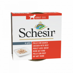 Schesir kip met rund (jelly) natvoer hond 4 trays (40 x 150 g)