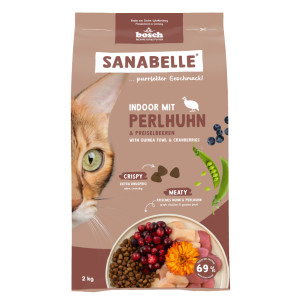 Sanabelle Indoor met parelhoen en cranberries kattenvoer 2 x 2 kg